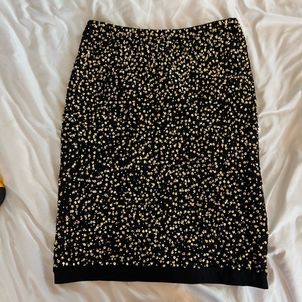 Oleg Cassini Black Pencil Skirt with Gold Embellishments beads and sequins Sz 4